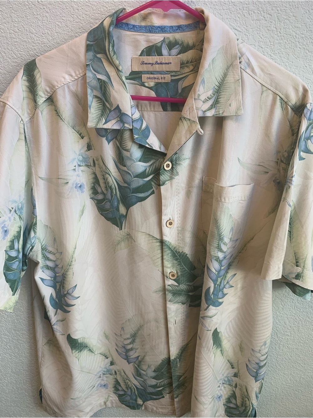 Tommy Bahama Cream Shirt with Green & Blue Tropical Leaf Print